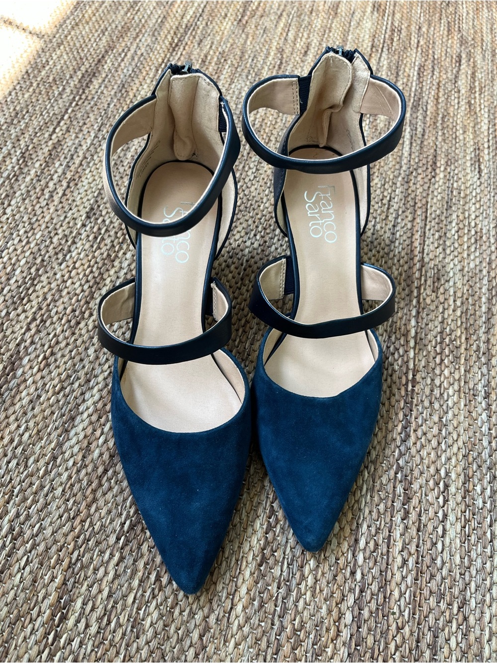 Franco Sarto Navy Suede Pointed-Toe Ankle-Strap Heels